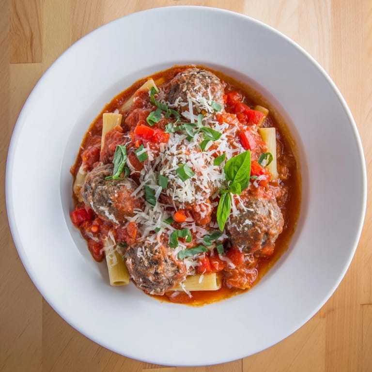 A close-up of a delightful Italian Meatball Pasta Skillet, ready for a comforting family meal.