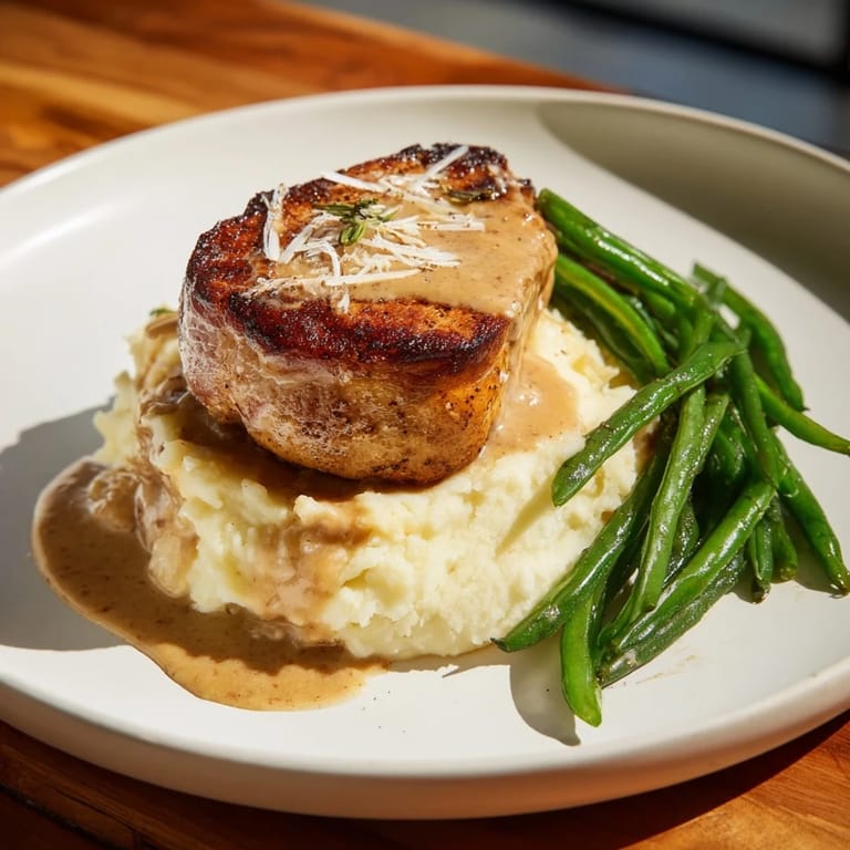 Savory pan gravy generously coats the juicy pork chop in this delicious Pork Chops & Cheddar Mash Bowl recipe.