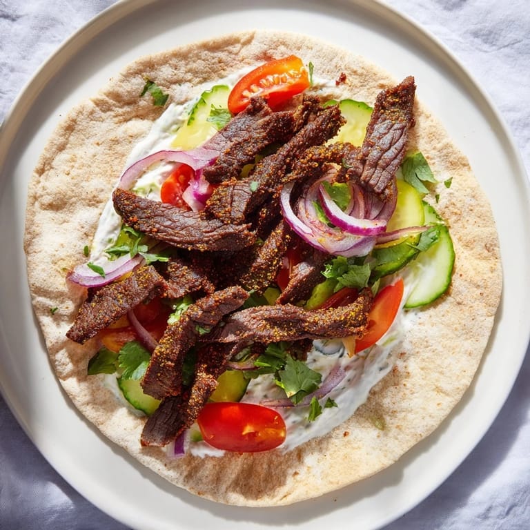 Warm flatbread wraps filled with flavorful beef shawarma, drizzled with creamy yogurt sauce.