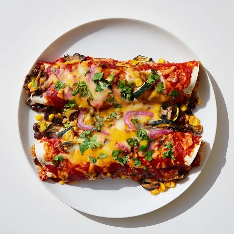 Tangy red sauce covers these delicious Farmers Market Vegetarian Enchiladas, packed with colorful, roasted vegetables.
