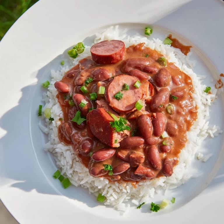 Close-up shot shows flavorful Red Beans & Rice, a comforting Southern meal, ready to serve.