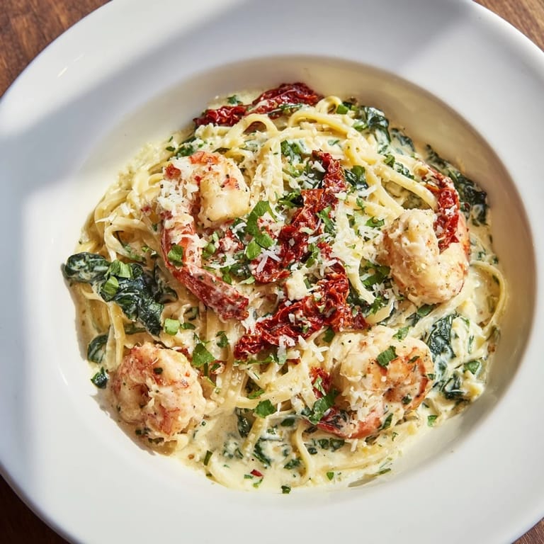 A close-up of steaming Tuscan Garlic Shrimp Pasta, showcasing vibrant sun-dried tomatoes and spinach.