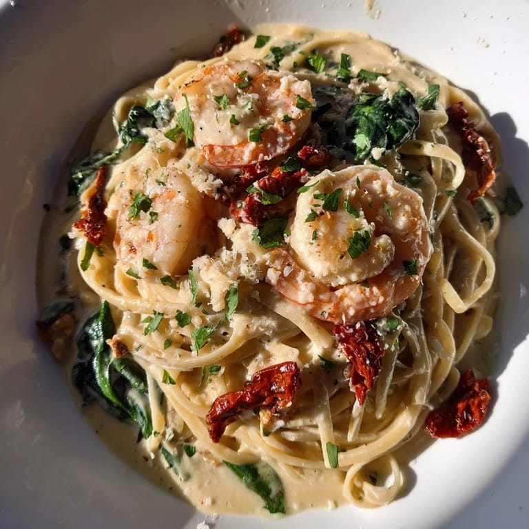 Delicious Tuscan Garlic Shrimp Pasta, a hearty dish with fettuccine pasta and Parmesan cheese topping.