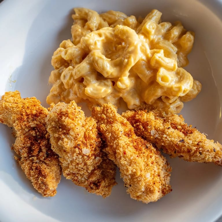 Perfectly fried and crunchy chicken tenders are served beside a rich, cheesy macaroni casserole.