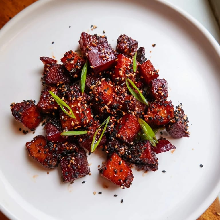 Golden-brown miso roasted winter vegetables, a vegetarian delight, ready for a flavorful bite.
