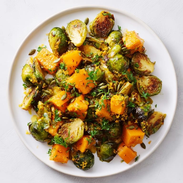 A close-up view of fresh-from-the-oven Roasted Brussels Sprouts & Butternut Squash, tossed in a bright orange citrus dressing.