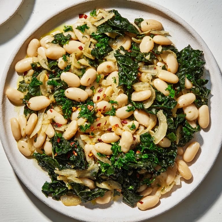 Tender kale and creamy cannellini beans make this Garlicky Beans with Winter Greens recipe delicious.