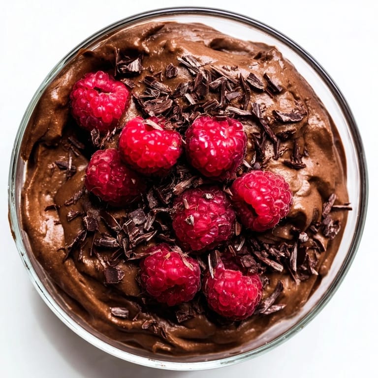 Velvety avocado chocolate mousse, a dairy-free dessert, topped with fresh raspberries for a sweet treat.