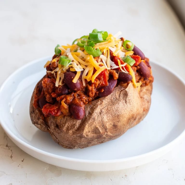 A close-up of vibrant Chili-Style Baked Potatoes, generously topped with fresh cilantro after baking.