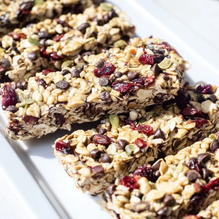 Close-up of freshly baked granola bars, full of oats, nuts, and chocolate chips—a healthy snack.