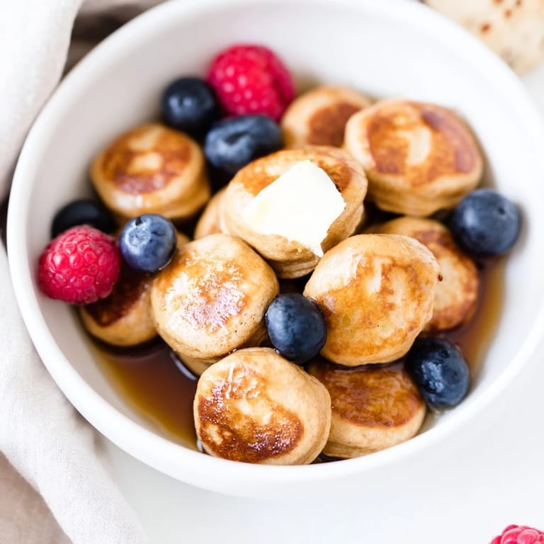 Close-up of fluffy pancake cereal, showing tiny, golden rounds ready for a sweet, warm breakfast.