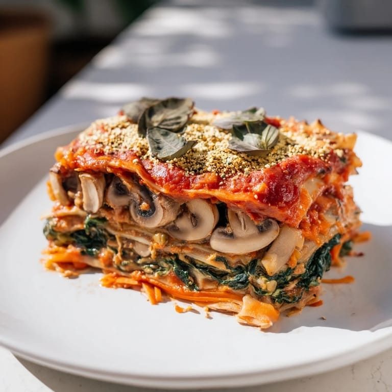 A close-up view of a homemade vegan mushroom spinach lasagna; full of savory goodness.