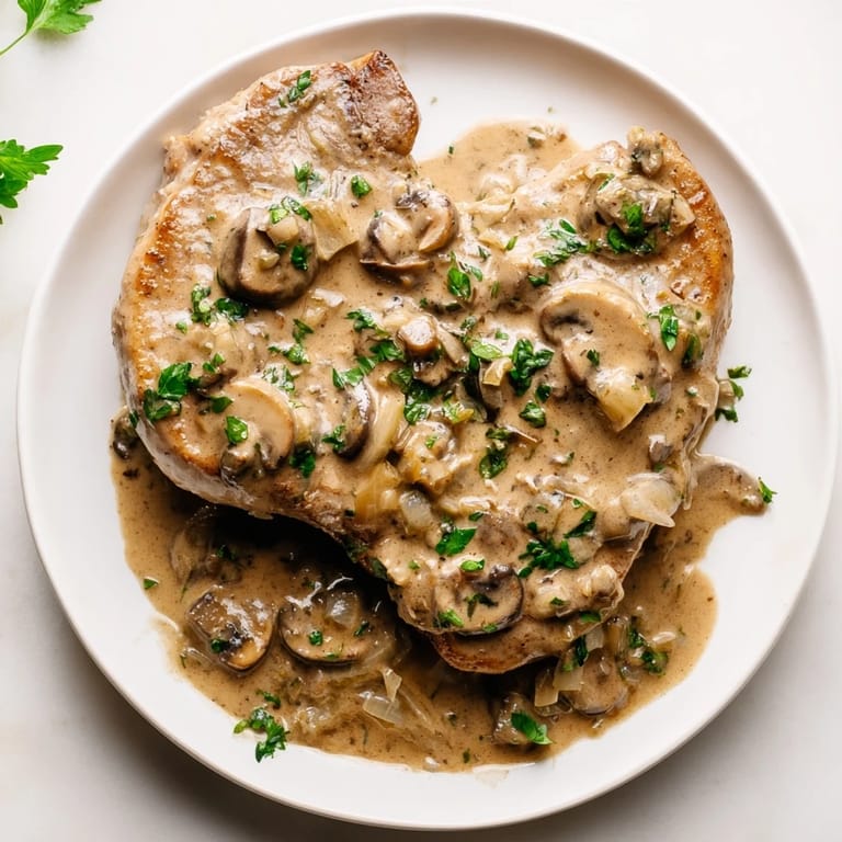 Delicious and comforting Stove Top Pork Chops, featuring a savory cream of mushroom sauce topped with parsley.