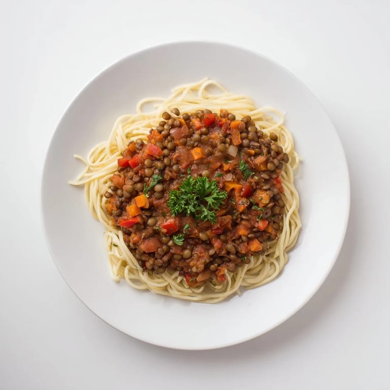 Garnish of fresh parsley atop flavorful Hearty Lentil Bolognese, a rich and satisfying vegan classic dish.