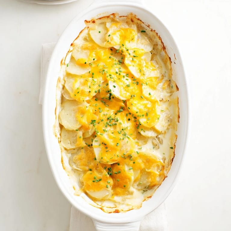 A casserole of creamy Cheesy Scalloped Potatoes, topped with melted cheese, ideal for a comforting meal.