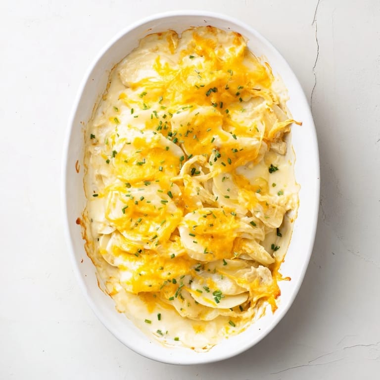 This photo features a baked dish of classic, flavorful, Southern-style Cheesy Scalloped Potatoes, ready to serve.