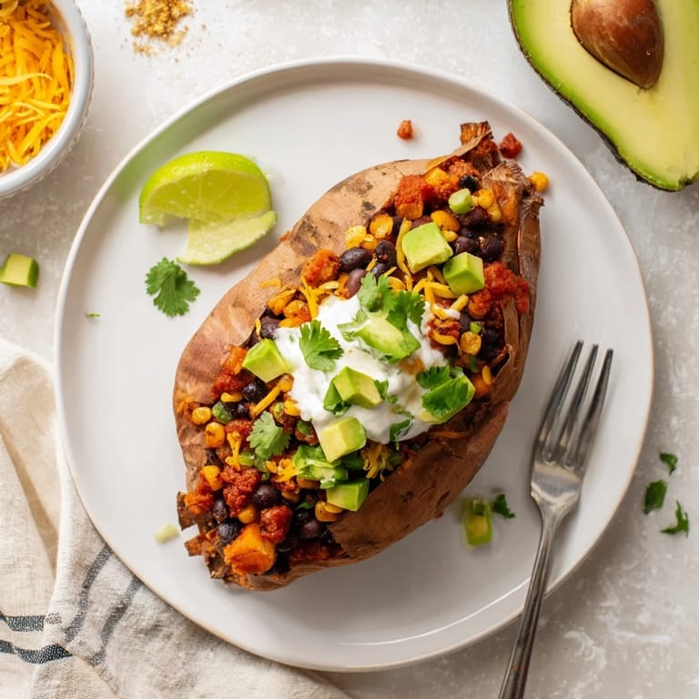 Close-up of a flavorful Loaded Baked Sweet Potato, showcasing vibrant toppings and a creamy interior.