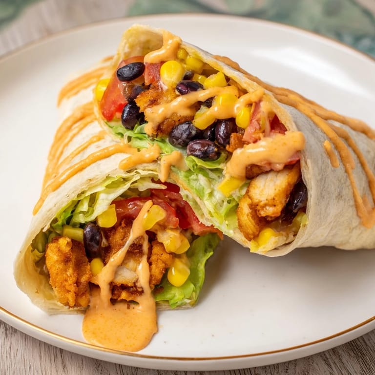 A close-up of a Southwest Chicken Wrap with juicy chicken and creamy southwest dressing visible.