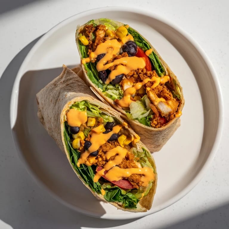 This image displays a freshly made Southwest Chicken Wrap, ready to enjoy for lunch or dinner.