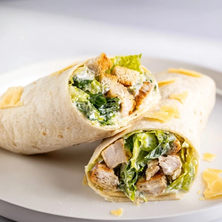 Folded flour tortillas holding delicious Chicken Caesar Wraps, a flavorful wrap with fresh Caesar salad ingredients.