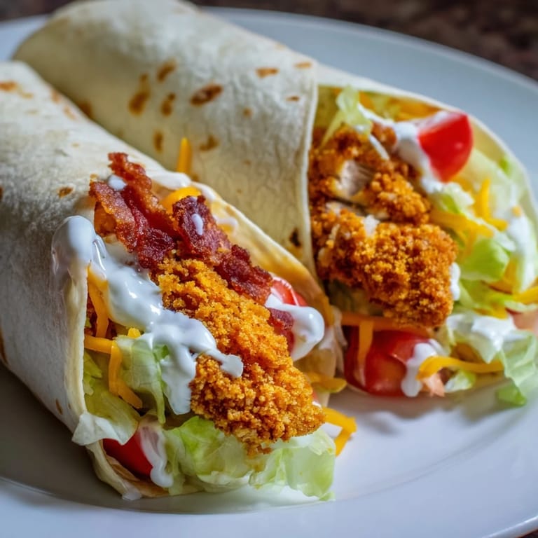 Perfectly assembled crispy chicken bacon ranch wrap, sliced in half showcasing the delicious fillings inside.