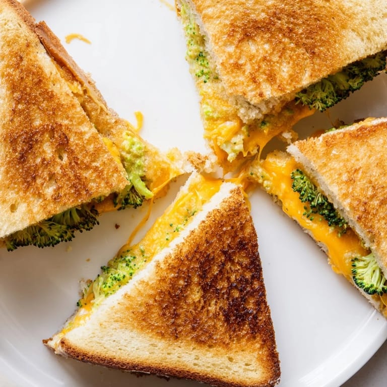 A close-up of the delicious Air Fryer Broccoli Cheddar Stuffed Grilled Cheese, ready to be sliced and enjoyed.