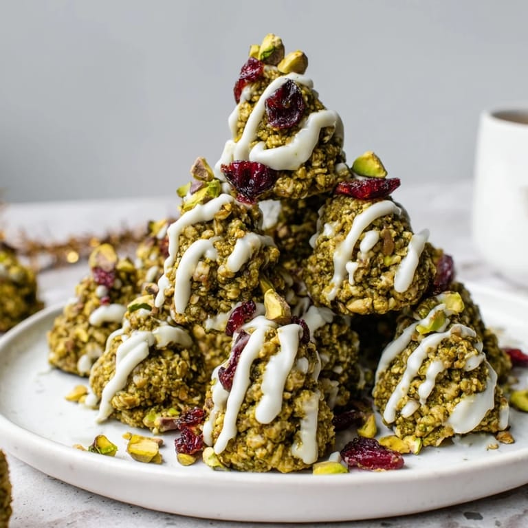 A close-up of beautifully decorated Matcha Pistachio Christmas Tree Energy Bites, perfect for sharing and delicious flavors.