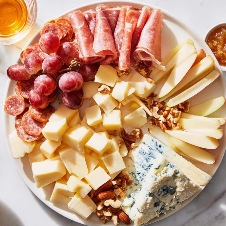 This gourmet Moonlight Picnic Board includes slices of pear, grapes alongside brie and charcuterie.