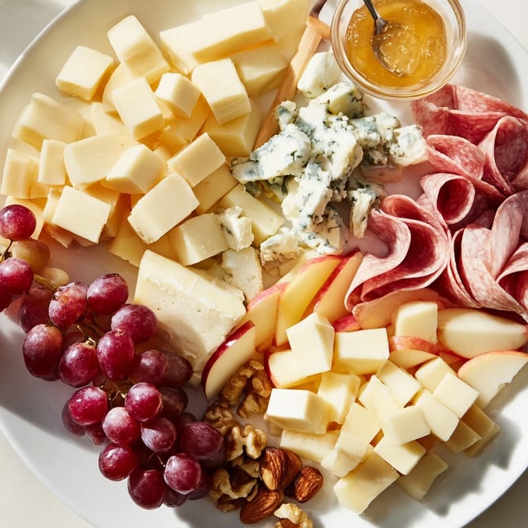 Elegant Moonlight Picnic Board: an inviting photo featuring cheeses, olives, nuts, fruits, and honey.