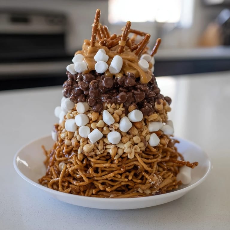 Close-up of a dreamy, finished haystack candy tower, a fun dessert for any party.