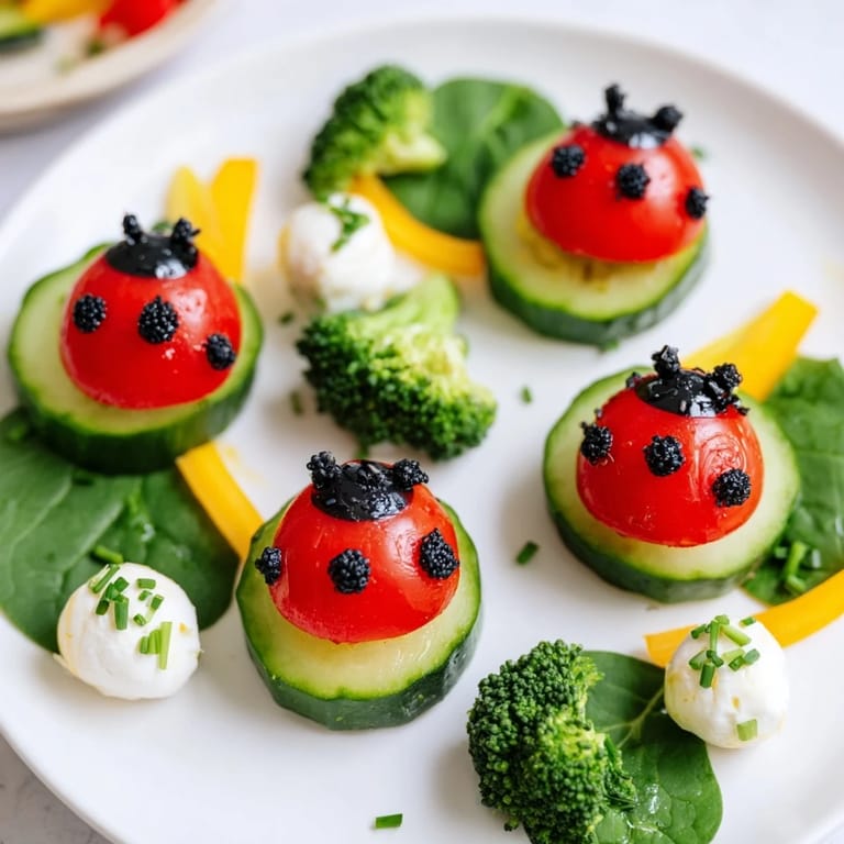 A delightful Ladybug Garden Platter showcases colorful cherry tomatoes and cheese, perfect for sharing.
