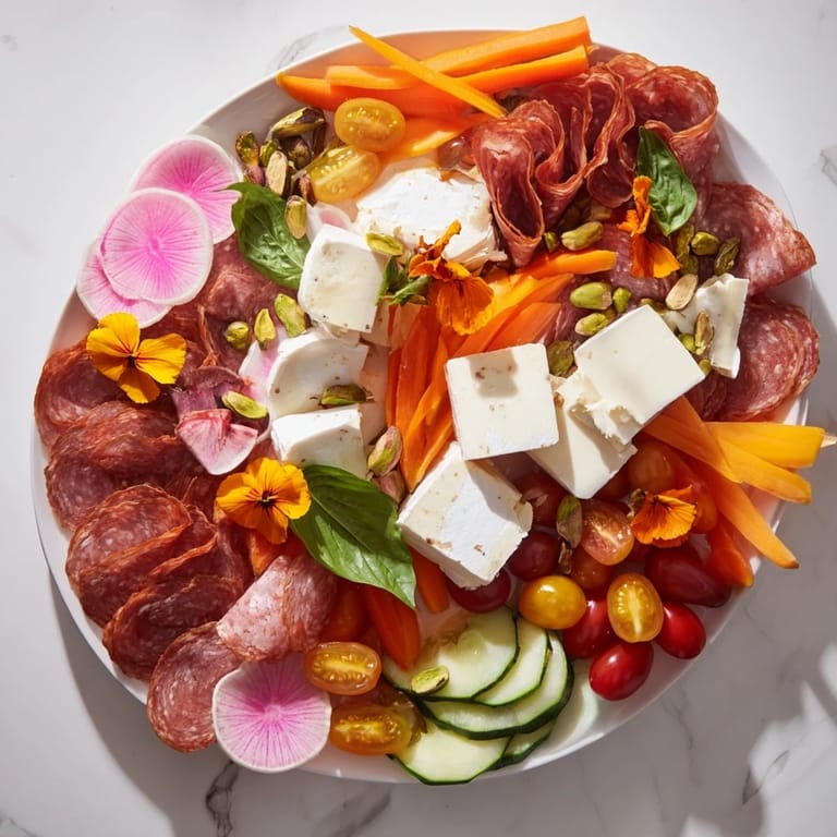 This Dragonfly Dance Appetizer Tray features a tempting mix of cheeses, cured meats, and fresh elements.