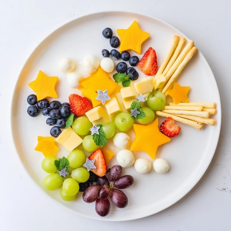 Delicious Comet & Planet Grazing Tray with cheese "planets" and star-like strawberries and blueberries.