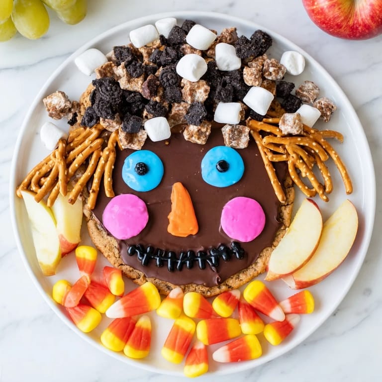 Festive Scarecrow Candy Platter featuring a whimsical arrangement of sweets and fresh fruit, ready to enjoy.