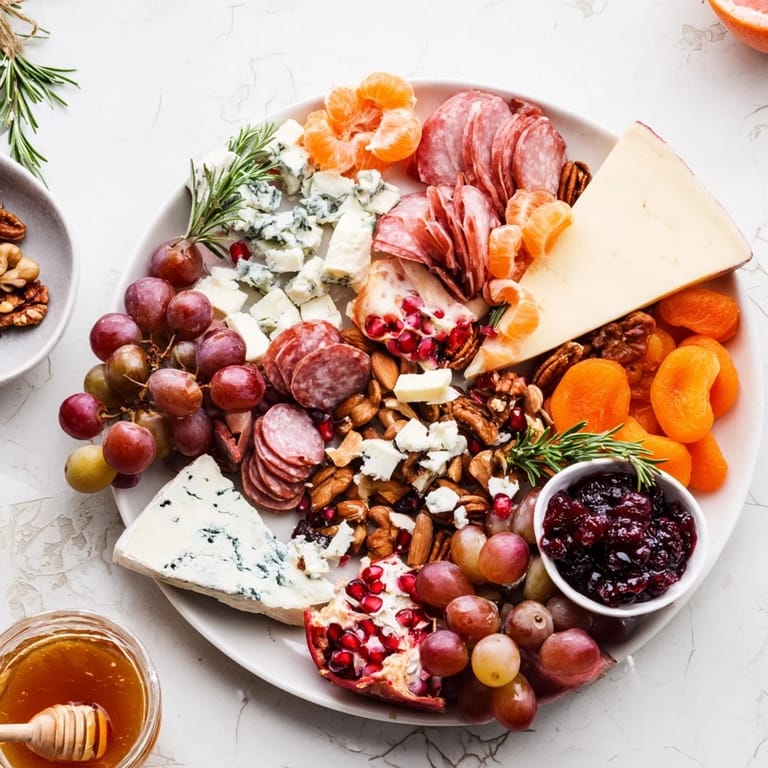 A beautifully arranged Christmas 2025 Festive Grazing Board, featuring Brie, salami, grapes, and nuts, ready to enjoy.