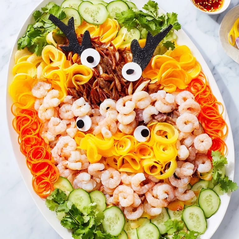 Appealing Lunar New Year Dragon Platter featuring shrimp, char siu, and potstickers, a feast for any celebration.
