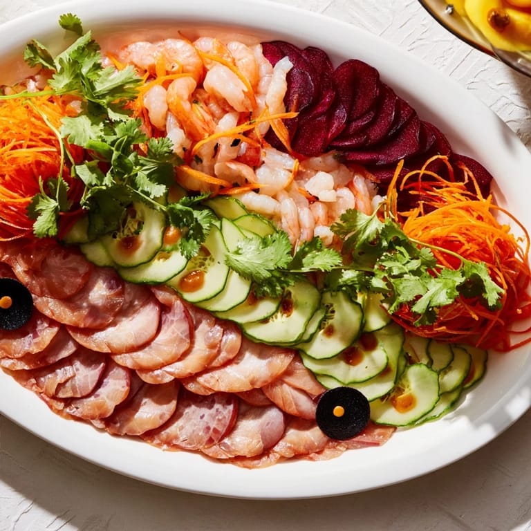 Festive Lunar New Year Dragon Platter: beautifully arranged appetizers with dipping sauces, perfect for sharing.