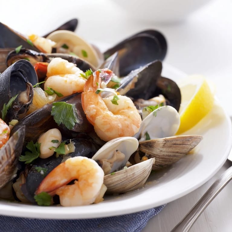 This vibrant Shellfish & Seafood Medley showcases plump clams, mussels, and shrimp, ready to eat.