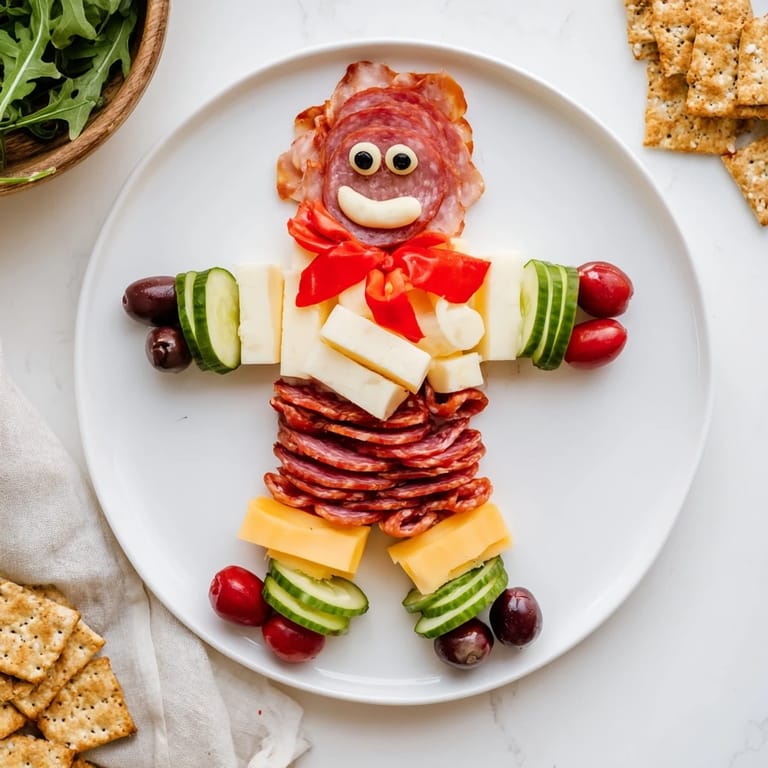 Christmas-themed gingerbread man charcuterie: a festive platter filled with salami gingerbread "man" and cheese.