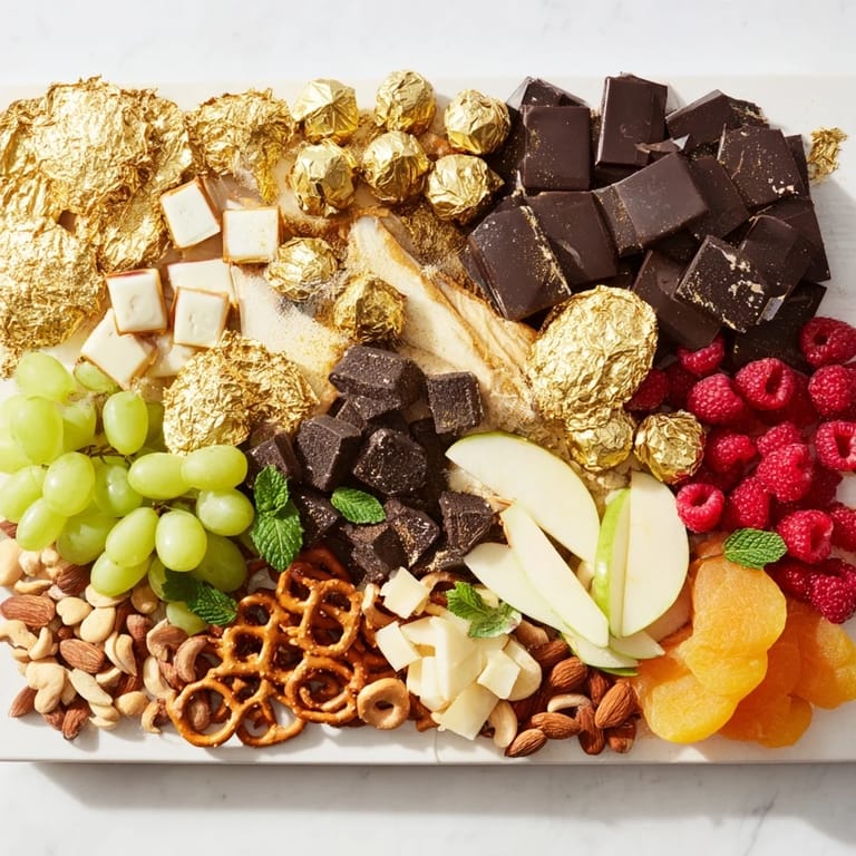 Deliciously arranged New Years Gold Foil Wrapped Chocolate Board, a festive dessert for New Year's Eve gatherings.