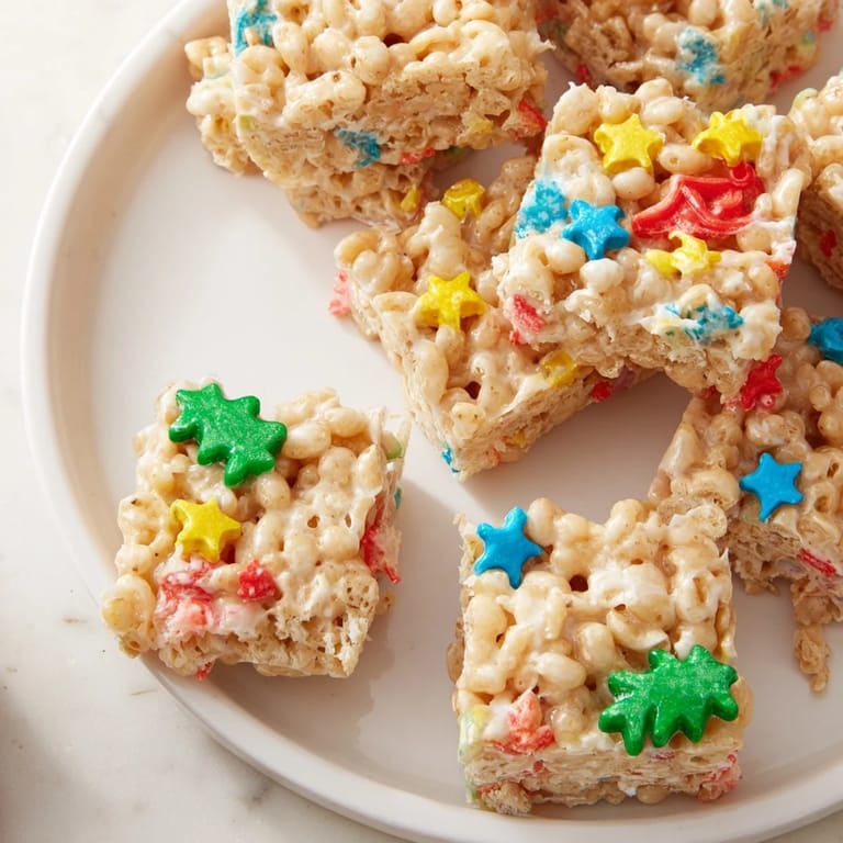 These homemade Rice Krispies treats, cut into shapes, are shown next to sprinkles and melted chocolate.