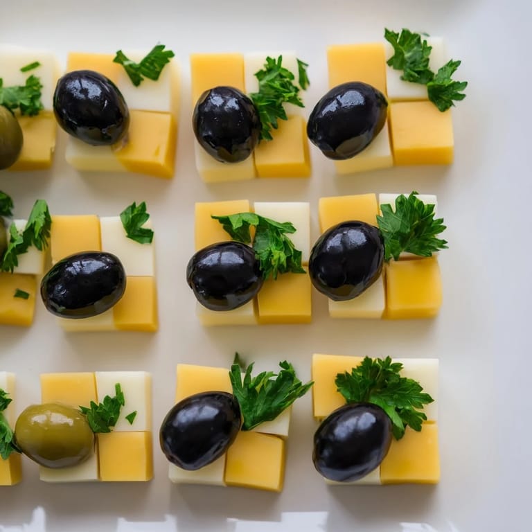 Visual appeal of the Cheese and Olive Chess Board: an eye-catching party appetizer of cheese and olives.