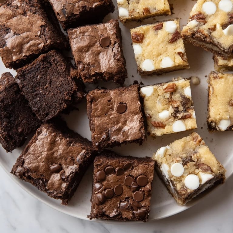 A close-up shot of a Dessert Platter, featuring rich brownies next to golden blondie squares.