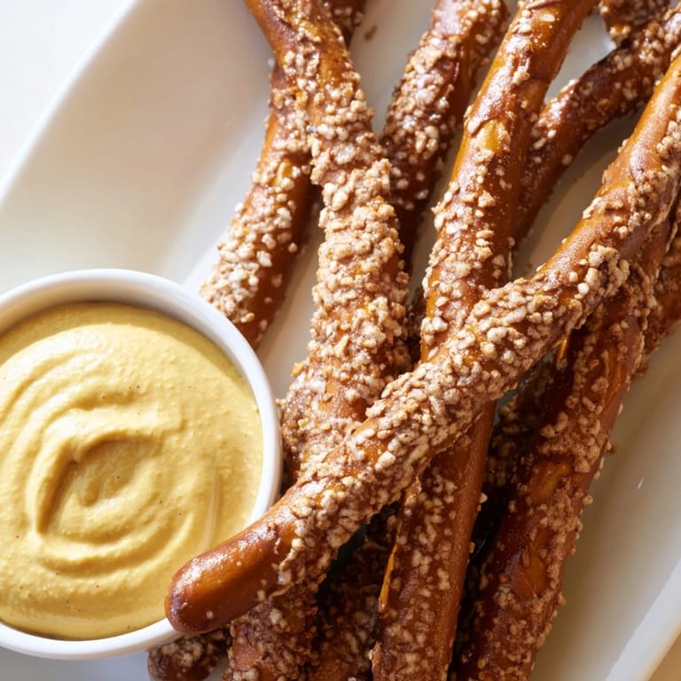 A close up shows the delicious hot mustard dip with perfectly salty pretzel rods, ready to enjoy.