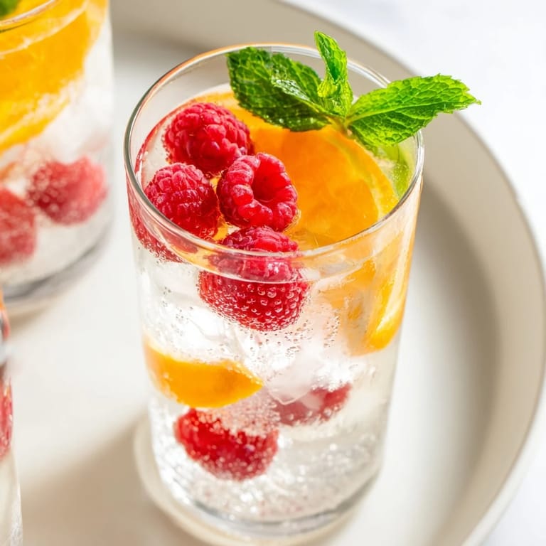 Chilled sparkling juice with raspberries, garnished, ready to enjoy at a holiday celebration.
