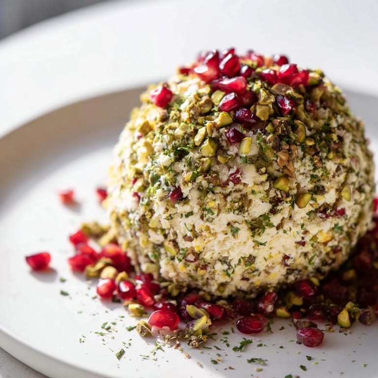 This gorgeous Royal Orb cheese ball is covered in colorful pistachios and pomegranate seeds, ready to serve.