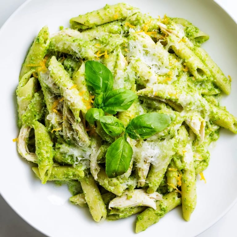 A quick and easy 10-Minute Pesto Pasta with Chicken, showcasing vibrant pesto coated pasta and tender chicken.