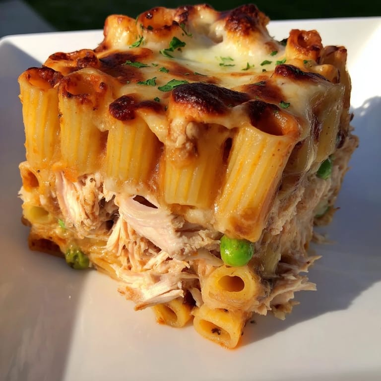 A close-up view of golden brown Moist Maker Pasta Casserole, with visible turkey and cheesy layers ready to serve.