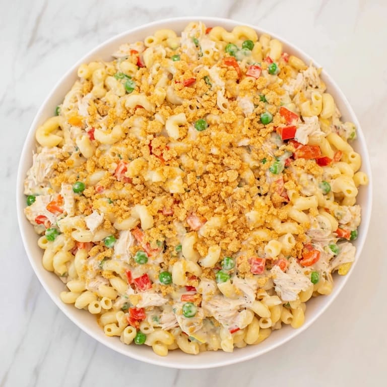 Imagine a close-up of cheesy, golden-brown Chicken Macaroni Southern Style with vibrant bell peppers and tender chicken.