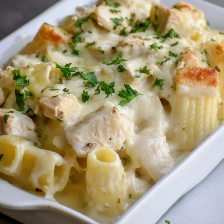 A close-up of cheesy Chicken Alfredo Bake, showing creamy sauce and tender chicken.
